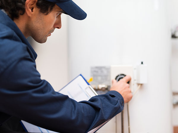 Technician adjusting a wall-mounted control unit while holding a clipboard.