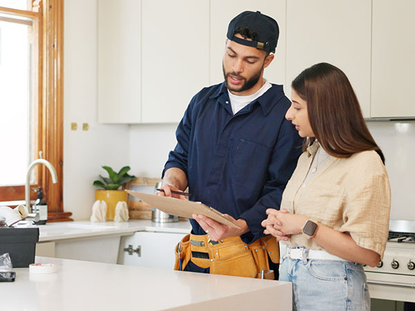 Contractor reviewing a checklist on a clipboard with a resident, who is standing beside them and looking at the document, in a kitchen.