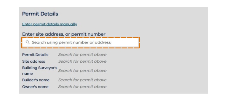 BPC permit details page with a search field to enter a site address or permit number, and placeholder fields for permit information such as site address, surveyor, builder, and owner.
