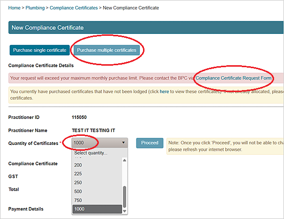Screenshot of the VBA360 portal showing the purchase of multiple certificates