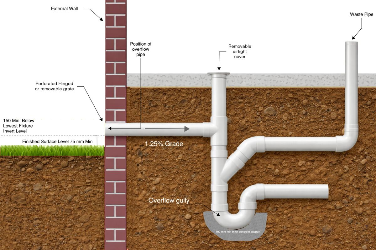 Overflow relief gully inside building