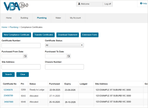 Screenshot of the VBA360 portal 