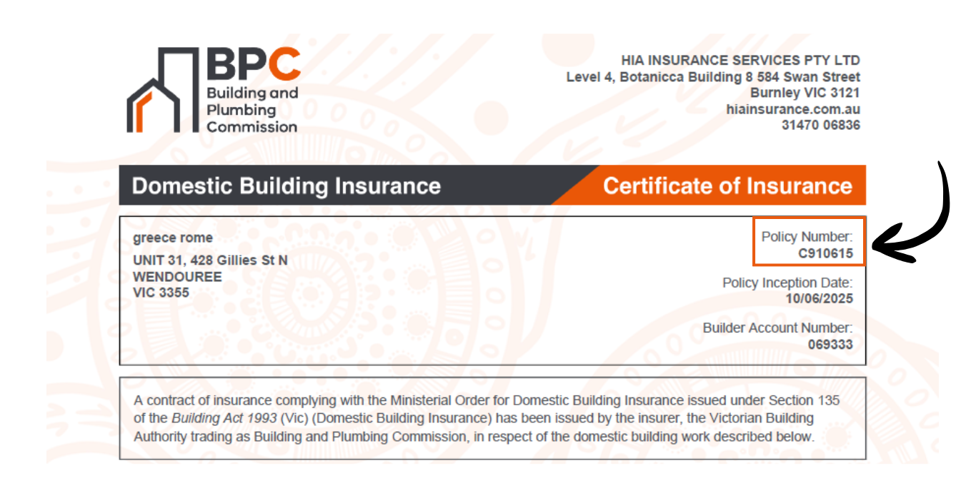Example of  location on the Certificate of the policy number