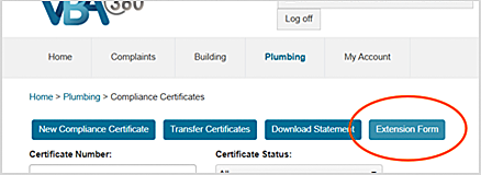 Screenshot of the VBA360 portal showing an extension form option