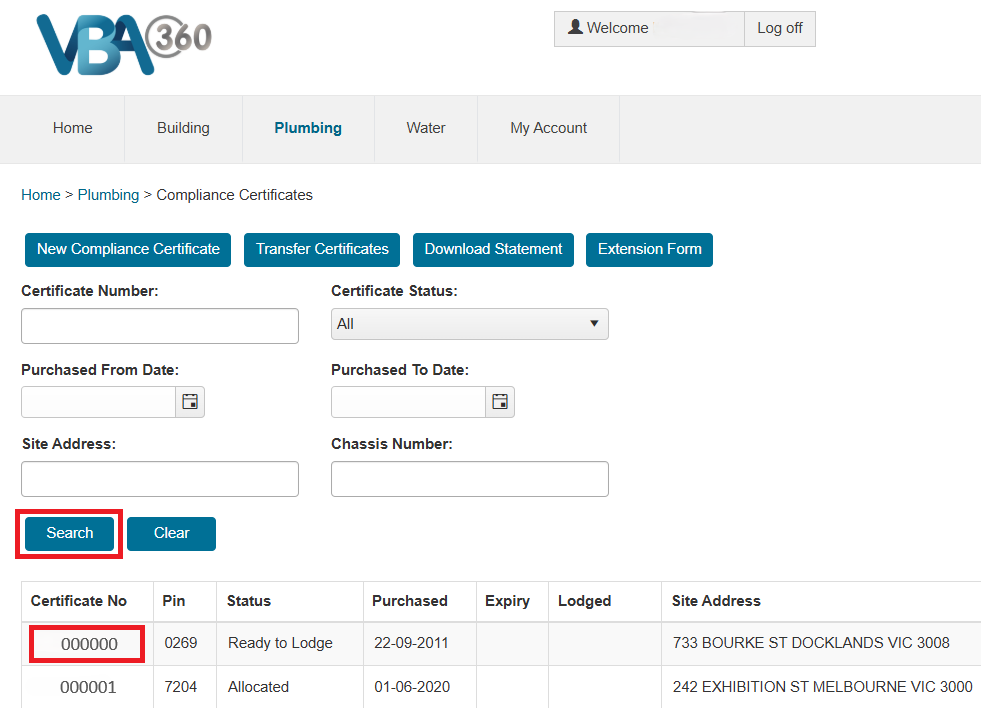Screenshot of the VBA360 portal home screen