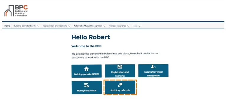 Building and Plumbing Commission (BPC) portal welcome page greeting user ‘Hello Robert’ with navigation menu and service options including building permits, registration and licensing, automatic mutual recognition, insurance, and statutory referrals.