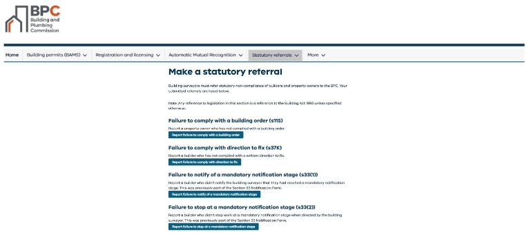 BPC webpage showing ‘Make a statutory referral’ with options to report failures to comply with building orders, directions to fix, mandatory notification stages, and mandatory notification requirements.
