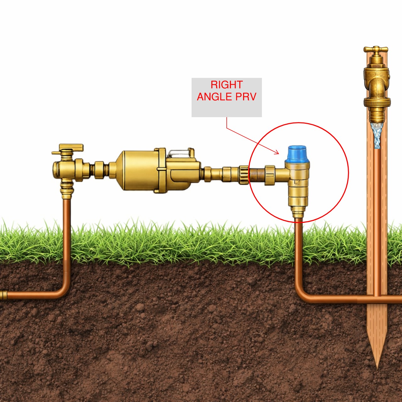 Right angle pressure reducing valve after the meter.